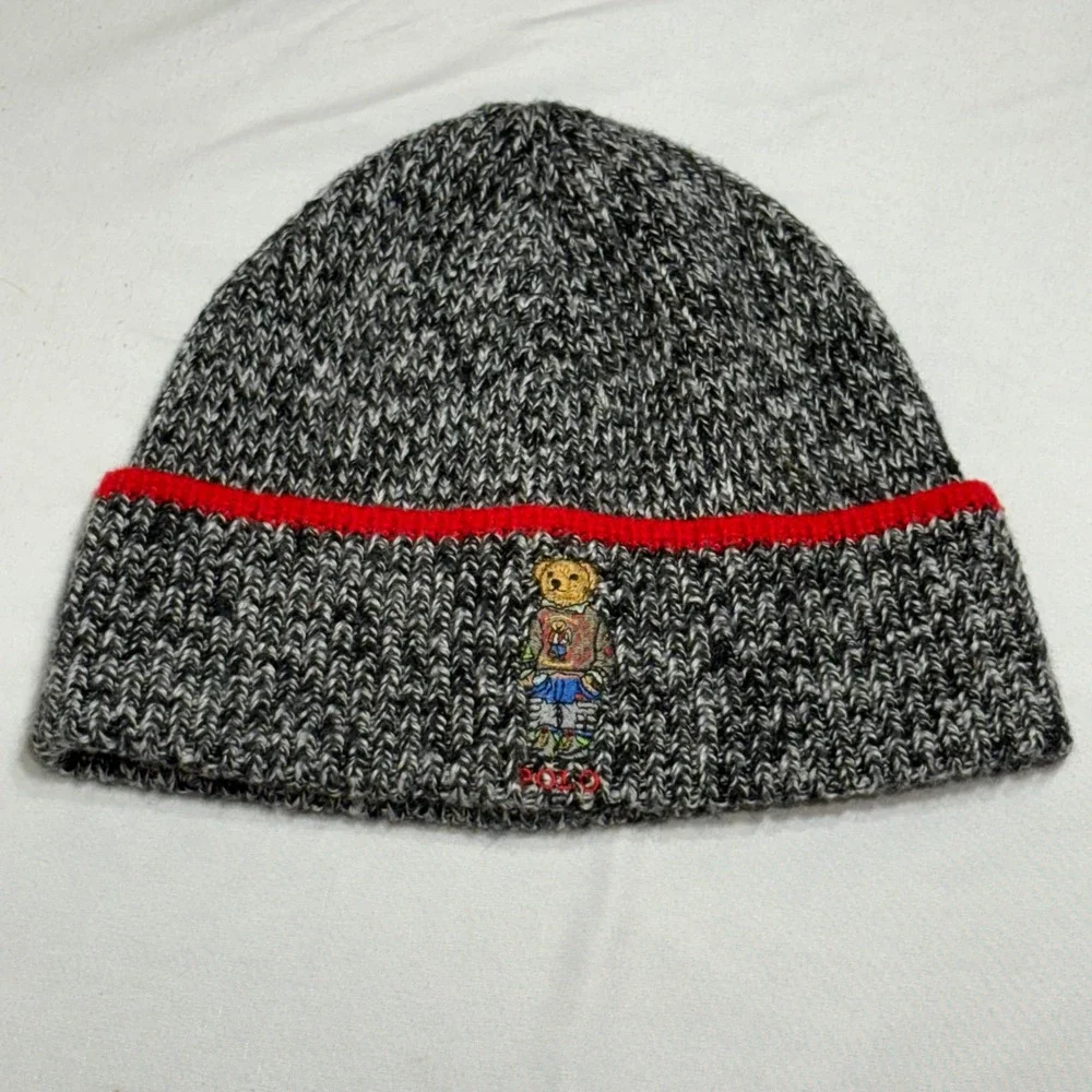 Polo Ralph Lauren Beanie Unisex OS Grey Polo Bear Marled Wool Blend Knit Hat